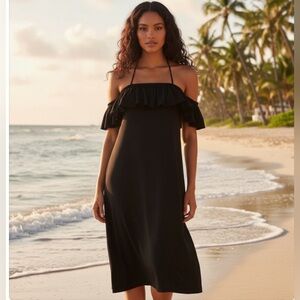 Sea Folly Black Ruffle Halter Midi Dress - Flowy Breach/Cover-Up